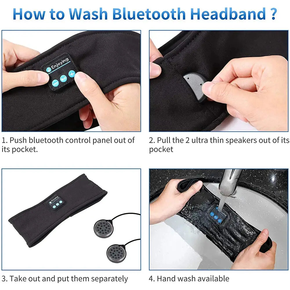 Schwarzes Bluetooth-Schlafstirnband aus weichem Stoff mit Bedienfeld und abnehmbaren ultradünnen kabellosen Sportkopfhörern.