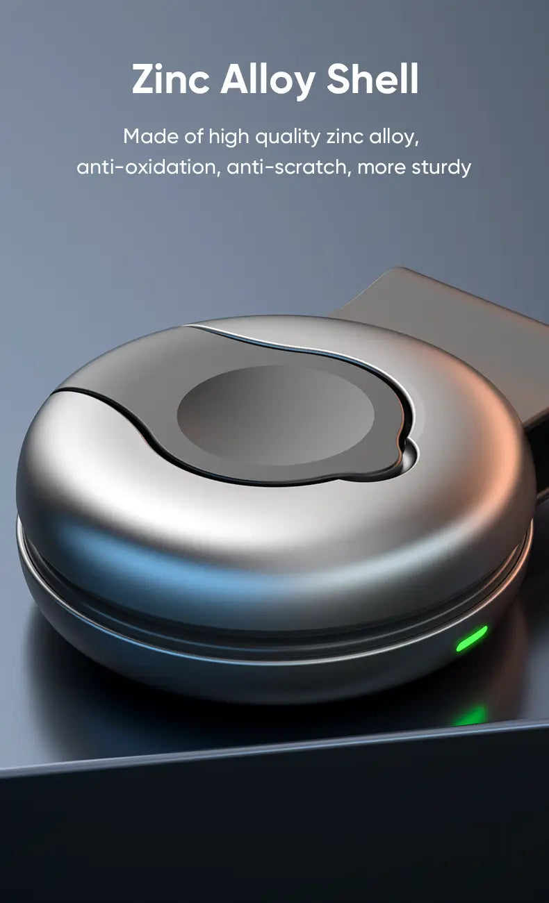 Foldable 3-in-1 magnetic wireless charger in silver tone with a sleek zinc alloy shell and a subtle green led indicator light.