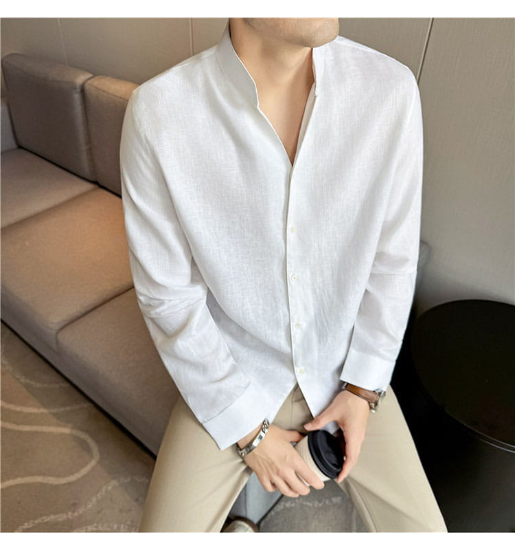 Men’s white linen button-down shirt with mandarin collar and long sleeves designed for a formal look.