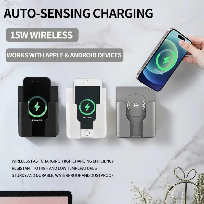 Three sleek wall-mounted wireless phone chargers in black white and gray with auto-sensing 15w fast charging technology for Apple and Android devices displayed as the 15w in-wall wireless fast charger.