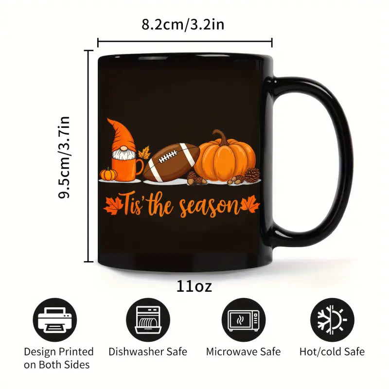 black ceramic easter egg coffee mug featuring a festive autumn design with an orange gnome football and pumpkin