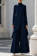 Women Two Piece Outfit Mock Neck Long Sleeve Irregular Asymmetrical Hem Top High Waist Wide Leg Pants Formal Suit Set