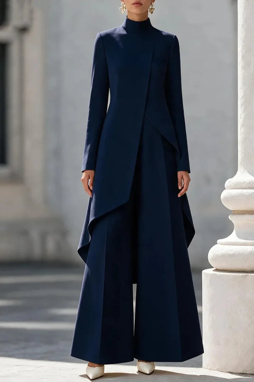 Women Two Piece Outfit Mock Neck Long Sleeve Irregular Asymmetrical Hem Top High Waist Wide Leg Pants Formal Suit Set