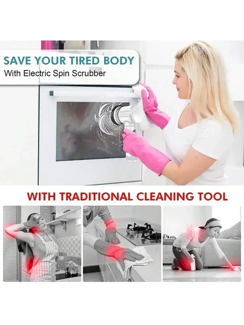 Brosse de nettoyage électrique à rotation avec poignée blanche et tête de brossage rotative, conçue pour le nettoyage sans fil avec cinq têtes interchangeables.