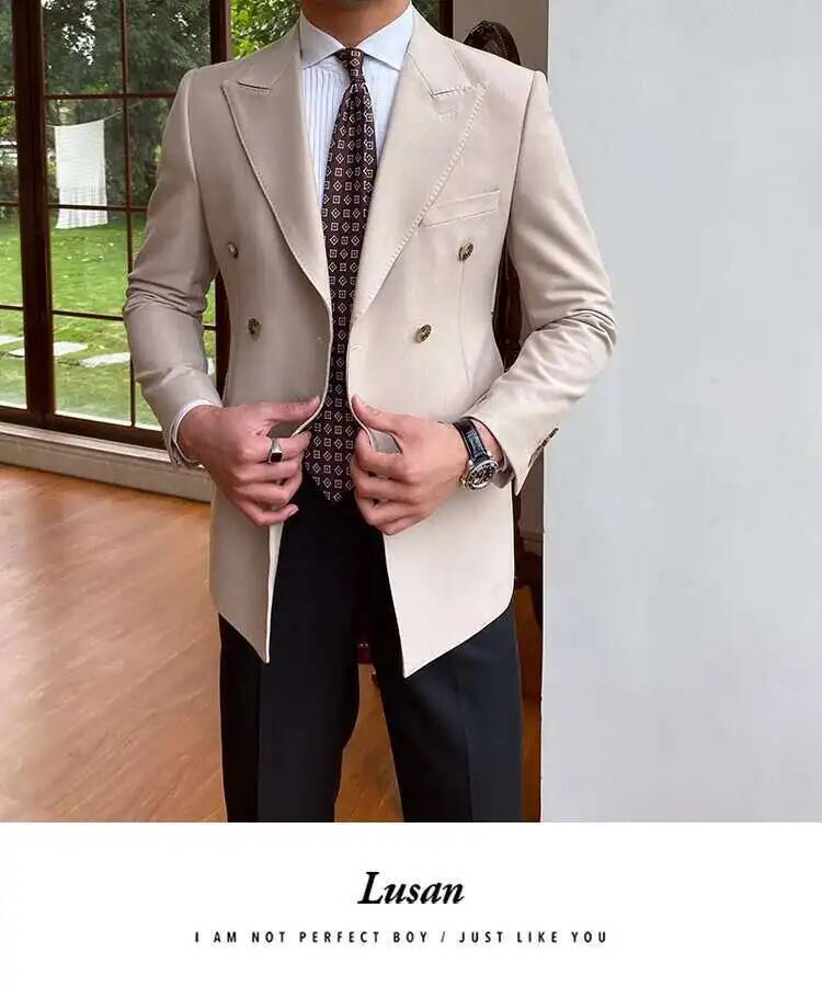 Beige double breasted slim fit men blazer jacket with notched lapels and two-button closure.