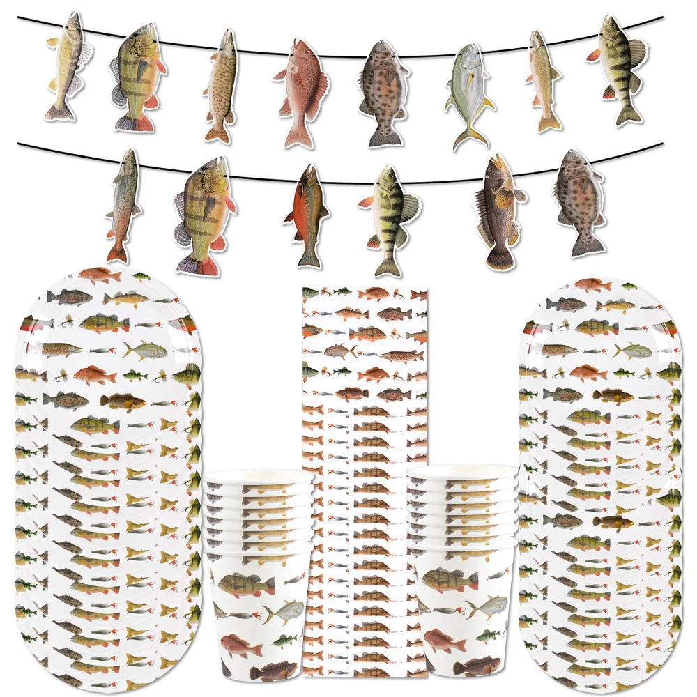 Fishing Themed Party Disposable Tableware Set Paper Plate Cup Napkin Tablecloth Banner Birthday Weedding Party Tableware Supplie