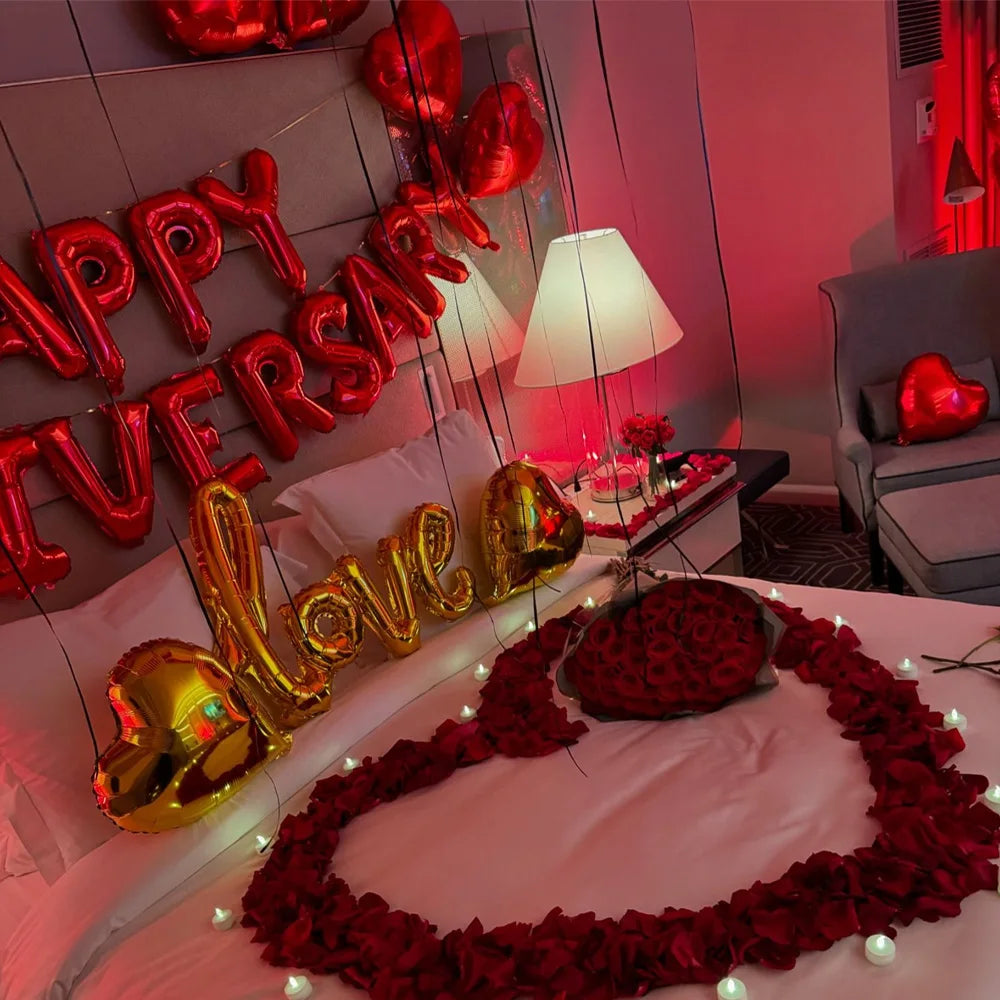 Happy Anniversary Decoration, Red Heart Balloon, Happy Anniversary Banner, Rose Petals, Wedding, Valentine's Day Romance