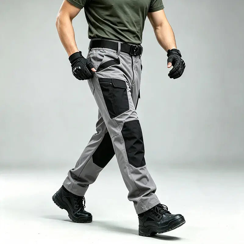 a person wearing gray men winter tactical cargo pants with black reinforced patches on the thighs and waterproof material in an action pose suitable for hiking and outdoor activities