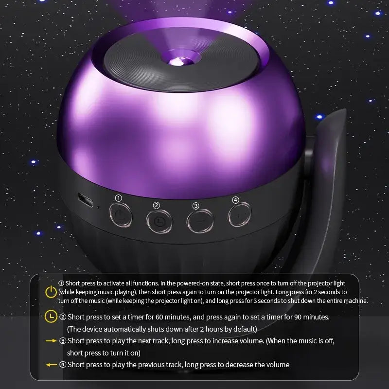 purple and black spherical bluetooth speaker with built-in led projector light casting starry night patterns for kids gift use