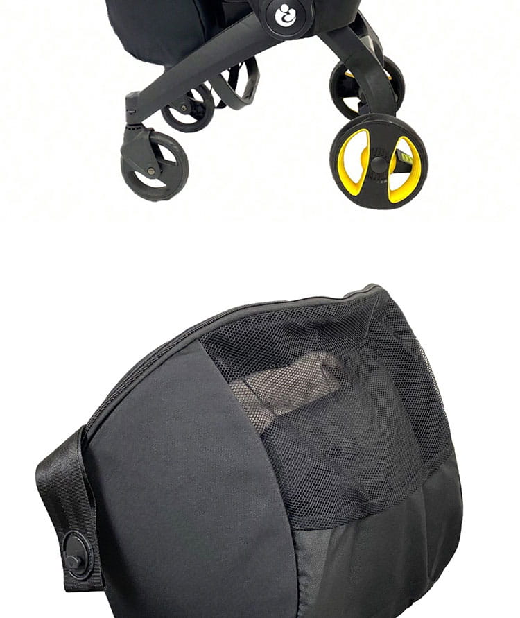 Doona-Kinderwagen-Aufbewahrungstasche für einen umwandelbaren Reise-Rucksack aus schwarzem Netzstoff und Stoff, die an einem Kinderwagen mit gelb akzentuierten Rädern befestigt ist, sichtbar oberhalb.
