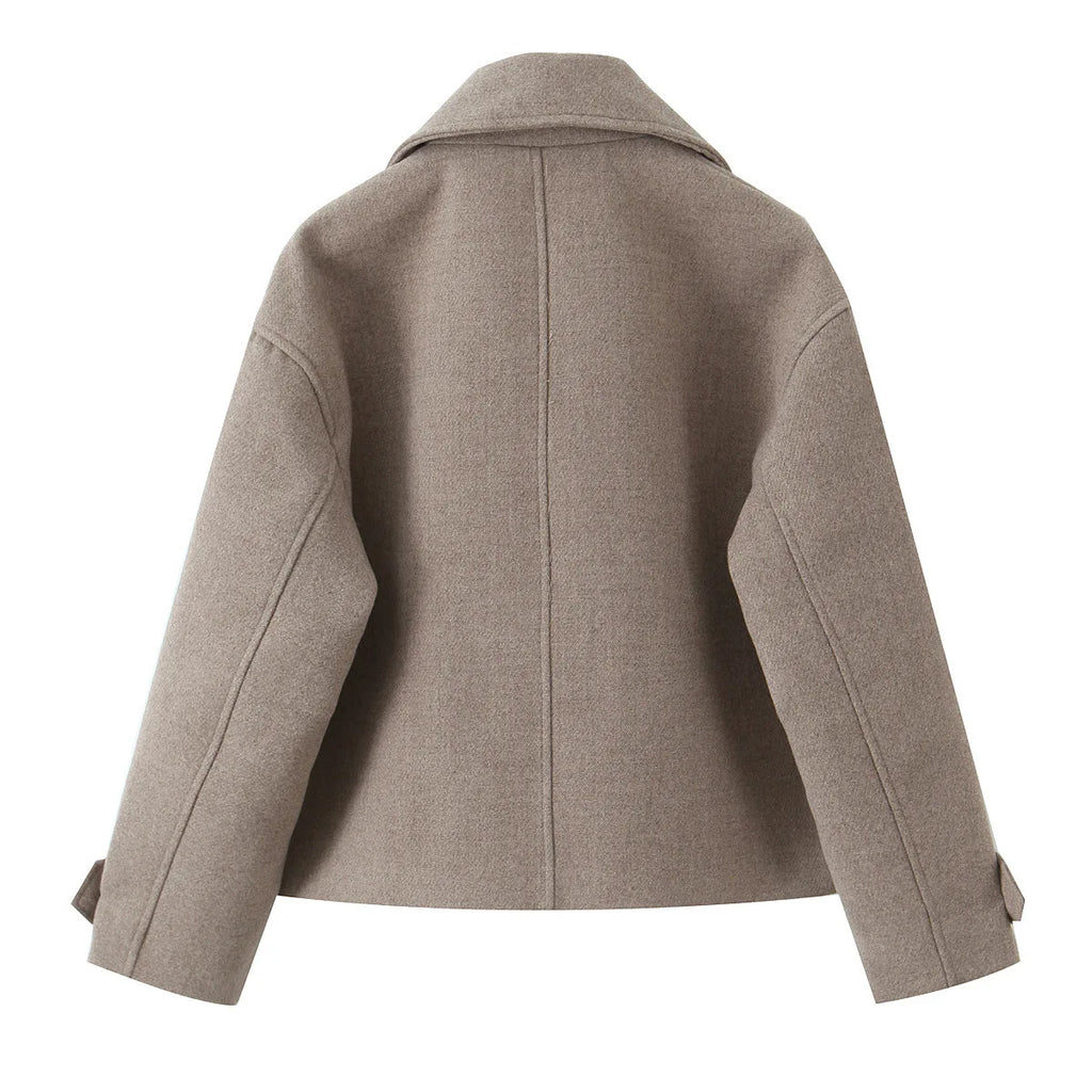 Women's Wool Blend Short Coat, Khaki/Dark Coffee Brown Lapel Collar Double-breasted Warm Wool Blend Short Coat For Winter 2025