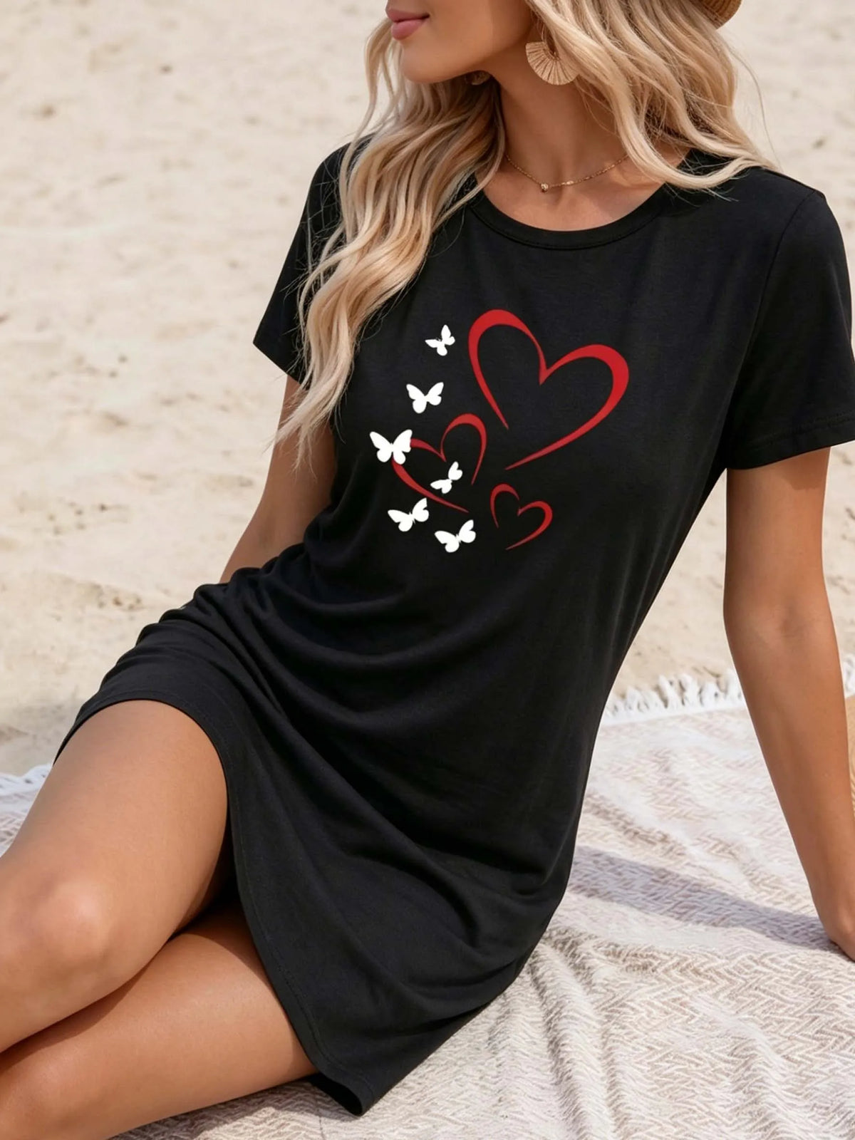 Women's Casual Dress - Fashionable Printed Short-Sleeved Round-Neck Nightgown - Loose-Fit Home Wear - Summer Beach Dress