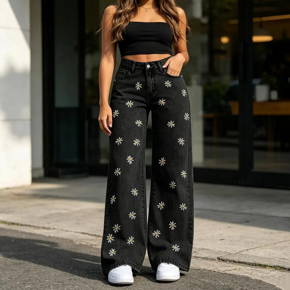 Women Jeans Casual Autumn Jeans Girls' Bow Cherry Print Baggy Jeans Wide Leg Mid-waisted Denim Pants Casual Streetwear Zipper