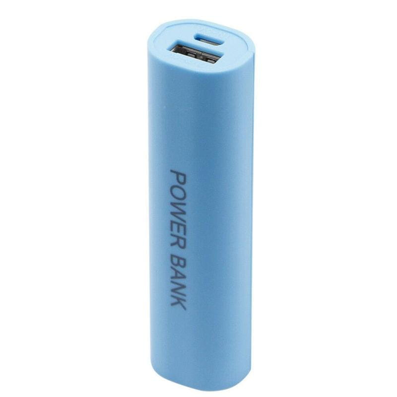 Light blue cylindrical portable 18650 power bank case diy shell charger with usb port on top and power bank printed vertically along its side.
