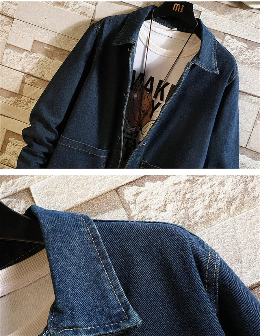 Fashion Denim Trench Coat 2026 Men's Spring Autumn Mid-length Jean Jacket Casual Windbreaker Loose Coats Large Size 5XL