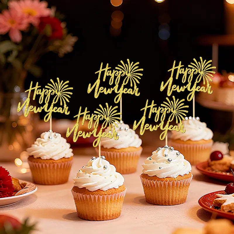 Goldglitzer-„Happy New Year“-Cupcake-Topper mit Feuerwerksdesign in einem Set aus 24 Stück für festliche Dekoration