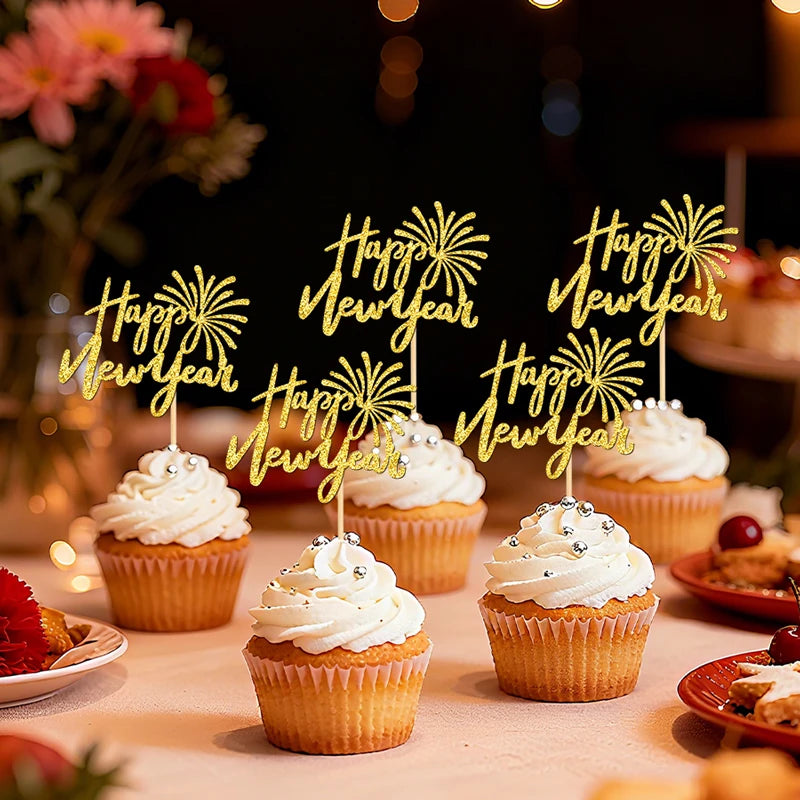 YOMDID 24Pcs Happy new year Cupcake Toppers Glitter New Year Cake Toppers New Year Party Design for Christmas Cupcake Picks