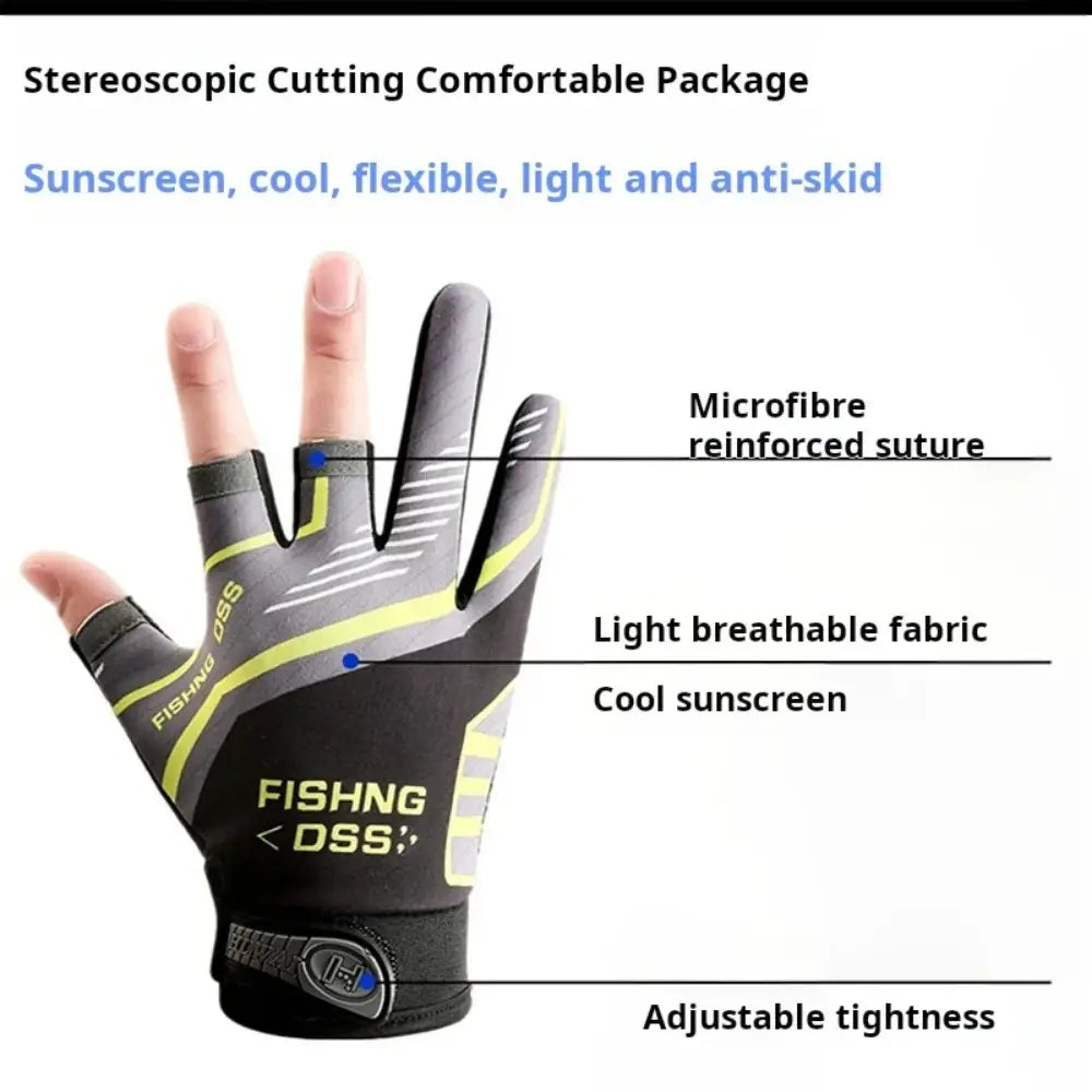 ice silk three finger fishing glove in black and neon yellow with microfiber reinforced suture detailing showing the back side of the glove.
