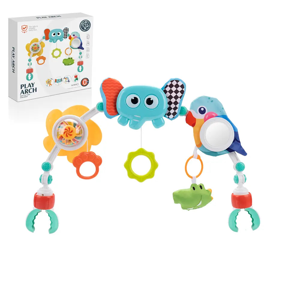 buntes Kunststoff-Fahrwagenbogen-Spielzeug für sensorische Aktivitäten für Babys mit Elefanten- und Vogel-Figuren, einem drehbaren Blumenrad und baumelnden Ringen.