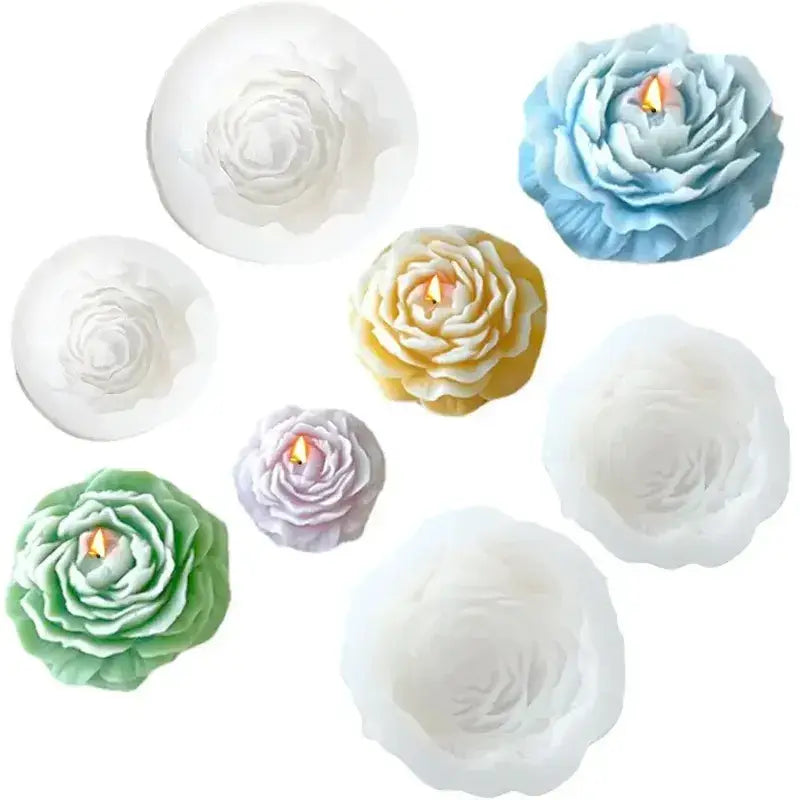 un ensemble de moules en silicone pour bougies de pivoine en forme de rose, de couleur blanc, bleu clair, jaune, lavande et vert, pour la fabrication DIY de savon floral et d’objets en résine