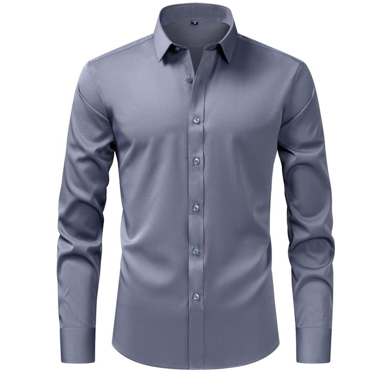 Une chemise habillée sans repassage pour homme gris uni élégante, avec des manches longues, un col net et une patte boutonnée en grande taille.