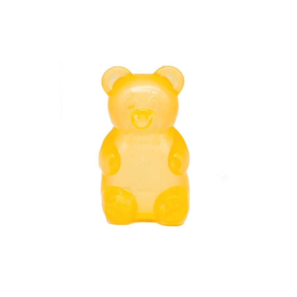 a translucent yellow gummy bear candy with a glossy chewy texture and classic cartoonish features as part of the pink gummy bear sensory fidget toy collection