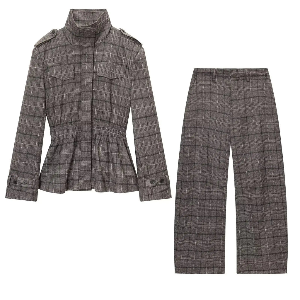HH Women's Winter Fashion Versatile Wool blend Plaid Ruffled Hem Jacket+Series Wool Plaid Balloon Version Casual Long Pants Suit