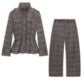 HH Women's Winter Fashion Versatile Wool blend Plaid Ruffled Hem Jacket+Series Wool Plaid Balloon Version Casual Long Pants Suit