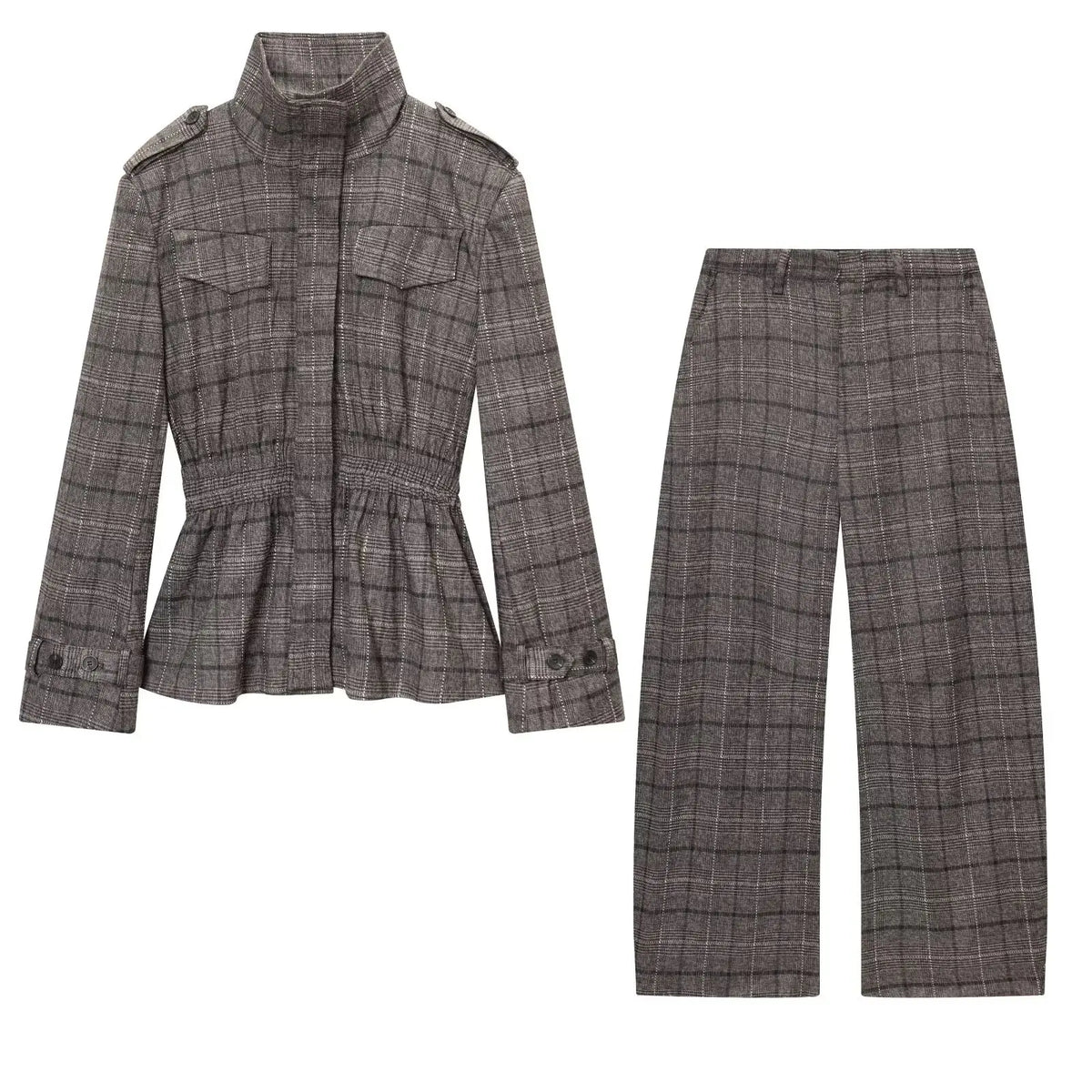 HH Women's Winter Fashion Versatile Wool blend Plaid Ruffled Hem Jacket+Series Wool Plaid Balloon Version Casual Long Pants Suit