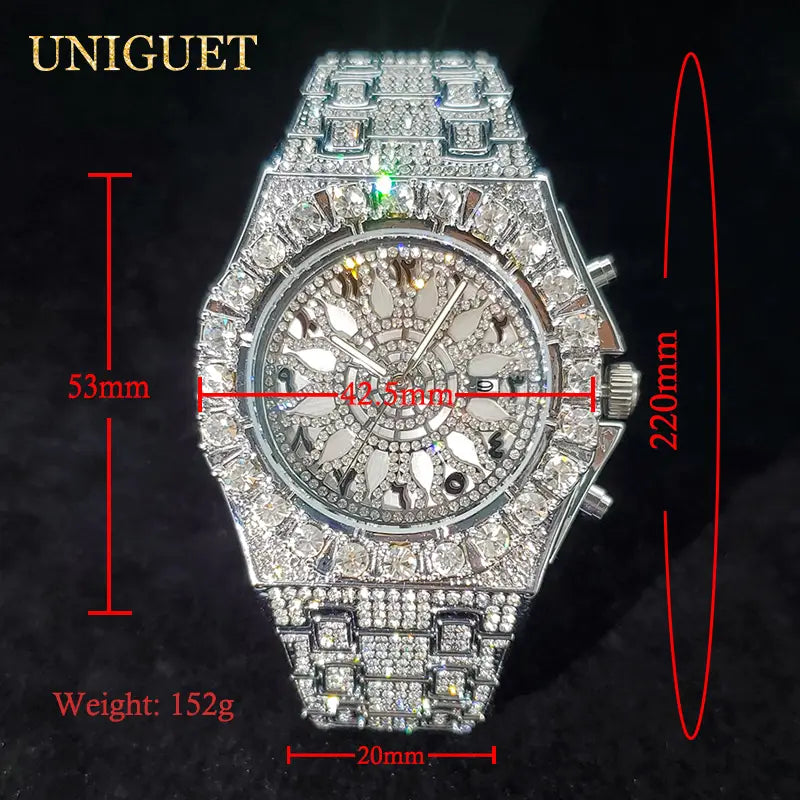 A dazzling silver iced diamond men’s quartz watch with a bold octagonal face and diamond-encrusted bracelet by Uniguet luxury hip hop timepiece.