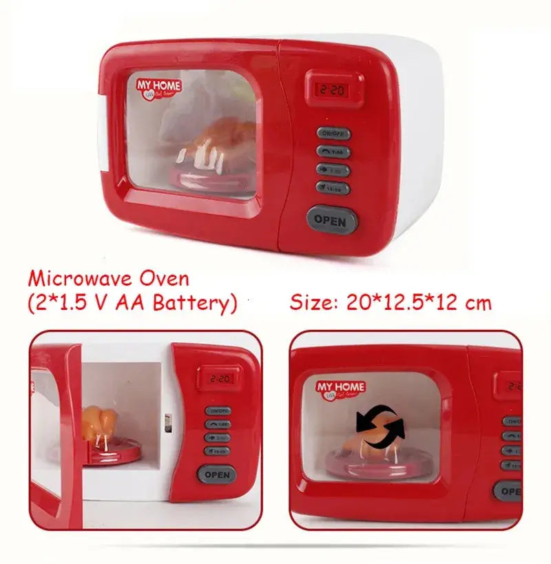 Rotes und weißes Kunststoff-Kinder-Mikrowellenherd-Spielgerät mit klarem Fenster und digitaler Anzeige sowie 220 und Tasten, beschriftet mit „open“ und anderen Funktionen, aus einem Küchen-Kleingeräte-Set für Rollenspiel-Lebensmittel.