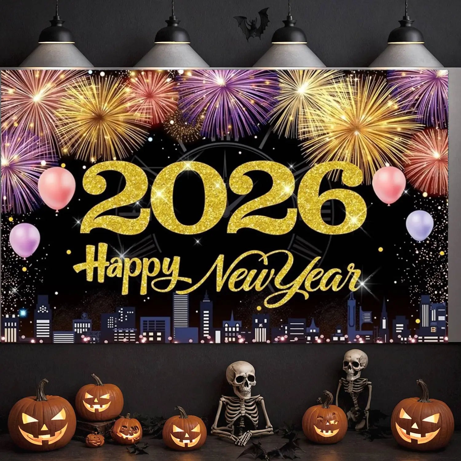 Decoración de telón de fondo para fiesta de Año Nuevo de 2026 con acabado brillante en oro, que presenta fuegos artificiales vibrantes, globos y un horizonte urbano.