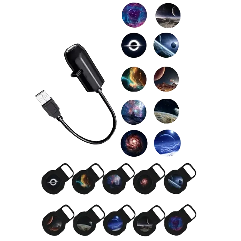 Black usb-powered projection lamp with flexible cord casting cosmic space scenes on walls or ceilings