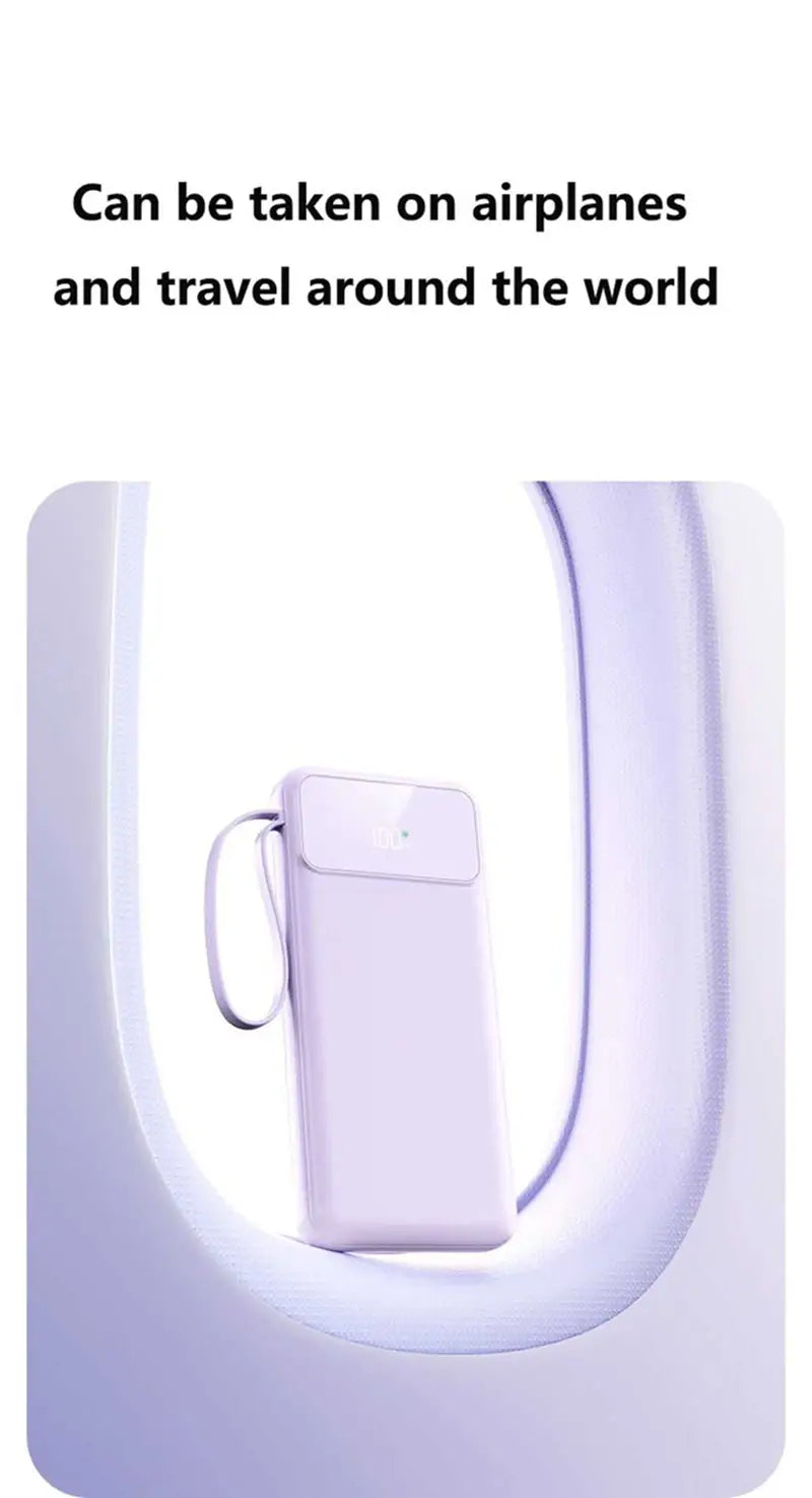 Un elegante banco de energía portátil color lila claro con diseño minimalista y un asa de transporte adjunta, con carga rápida y cables integrados.