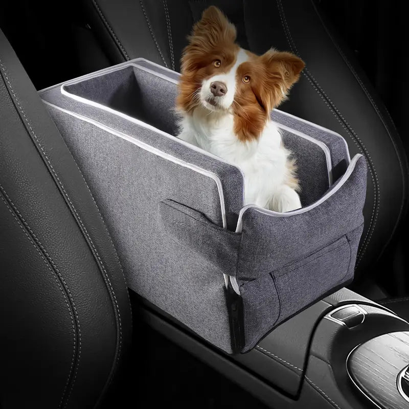 Gray fabric pet car console seat with white stitching and front pocket designed for small pets up to 5kg weight limit.