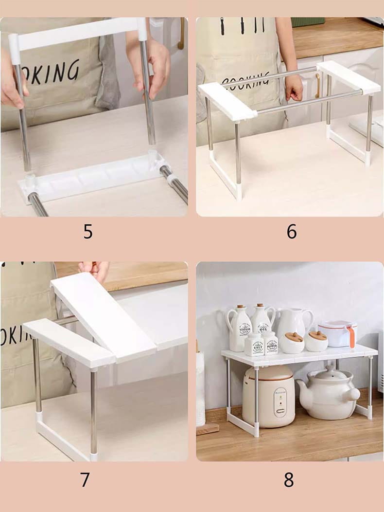 Étagère de séparation à couches réglable en plastique blanc et en acier inoxydable avec deux niveaux et support télescopique pour évier, pour l’organisation de la cuisine et une hauteur réglable