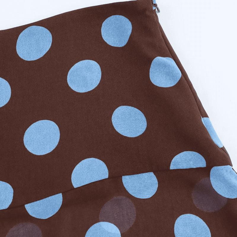 Brauner Chiffon-Midi-Rock mit hellblauen Punkten aus einem Damen-Set aus Polka-Dot-Midi-Rock in ausgewählter Größe