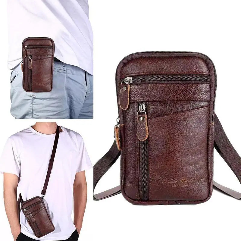 braune Ledergürteltasche für Herren und Umhängetasche für das Mobiltelefon mit mehreren Reißverschluss-Fächern und verstellbarem Riemen für eine komfortable Gürteltasche.