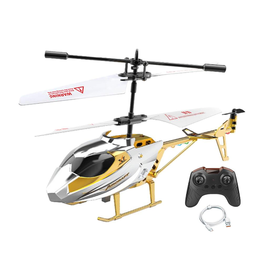 Gold and silver remote control helicopter for kids with black rotor blades and a matching controller designed for easy flight.