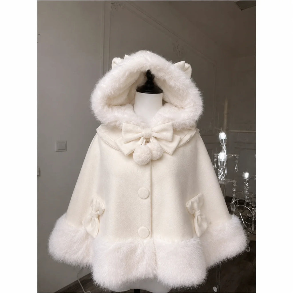 Women Autumn Winter Japanese Bow Ruffles Ponchos Lolita Style Sweet Kawaii Capes Coat Vintage Warm Comfy Outerwear Clothing