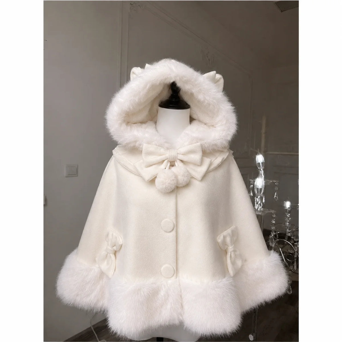 Women Autumn Winter Japanese Bow Ruffles Ponchos Lolita Style Sweet Kawaii Capes Coat Vintage Warm Comfy Outerwear Clothing