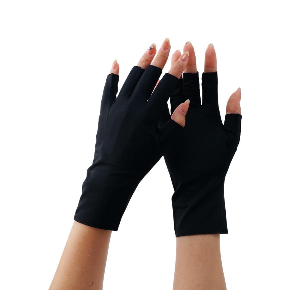 black fingerless uv protection sunscreen driving gloves with smooth stretchy fabric and snug fit shown from the back side