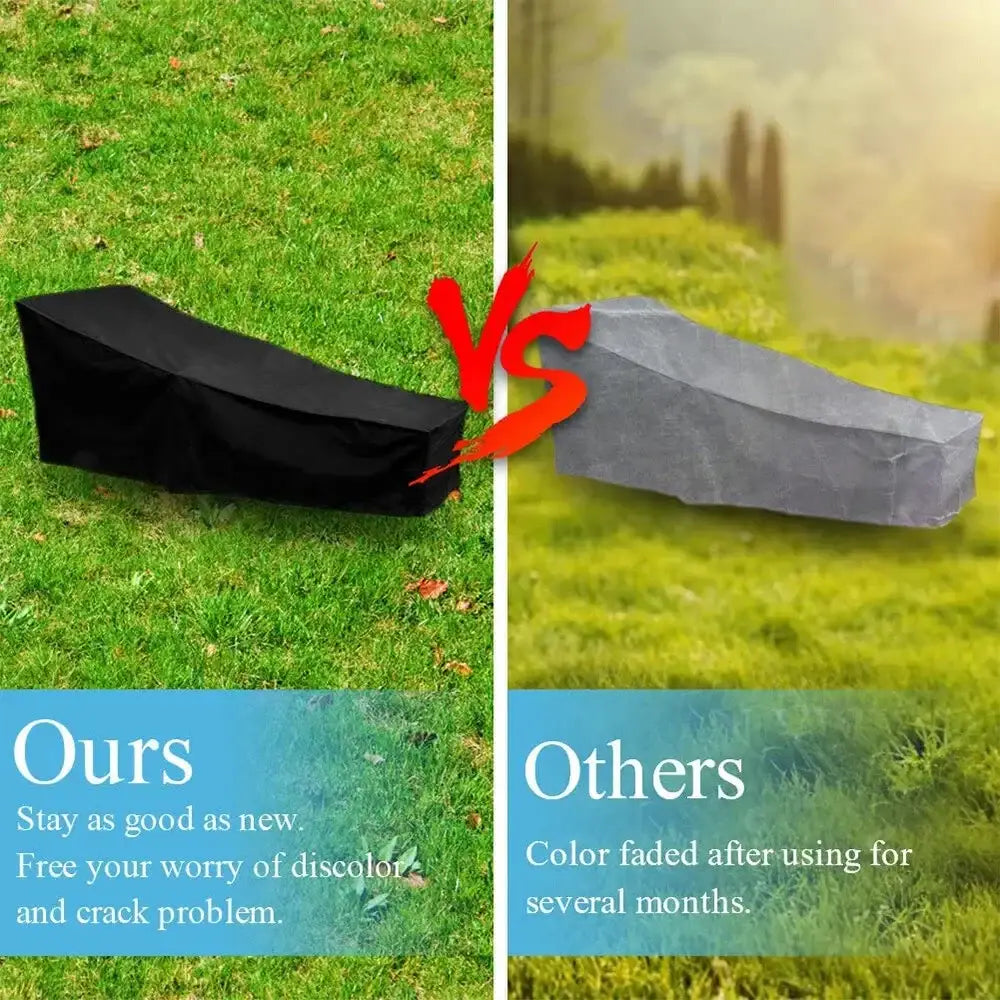 Funda para chaise longue de exterior de tejido impermeable y resistente a la intemperie color negro, mostrada desde el lado posterior, diseñada para la protección de muebles de exterior.