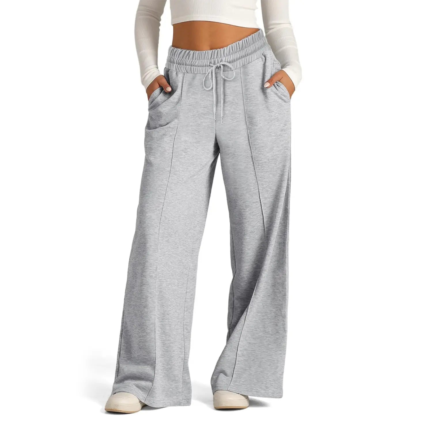 Gray heathered wide leg fleece lined sweatpants for women with an elastic waistband and drawstring featuring a subtle pattern type.