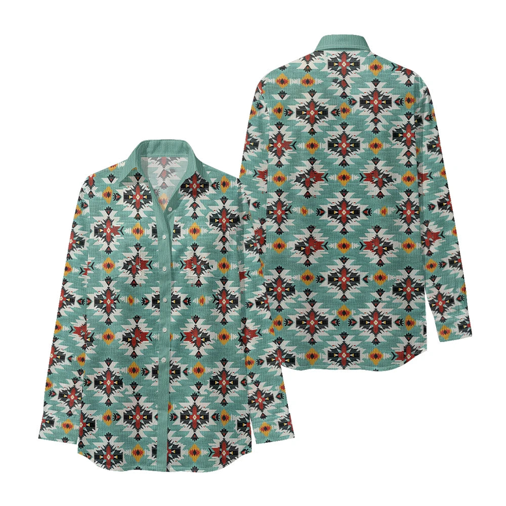 Ethnic-Inspired Long-Sleeve Women Shirt with Aztec Geometric Pattern Printed Front 2 Pockets Button-Up Retro Tribal Casual Style