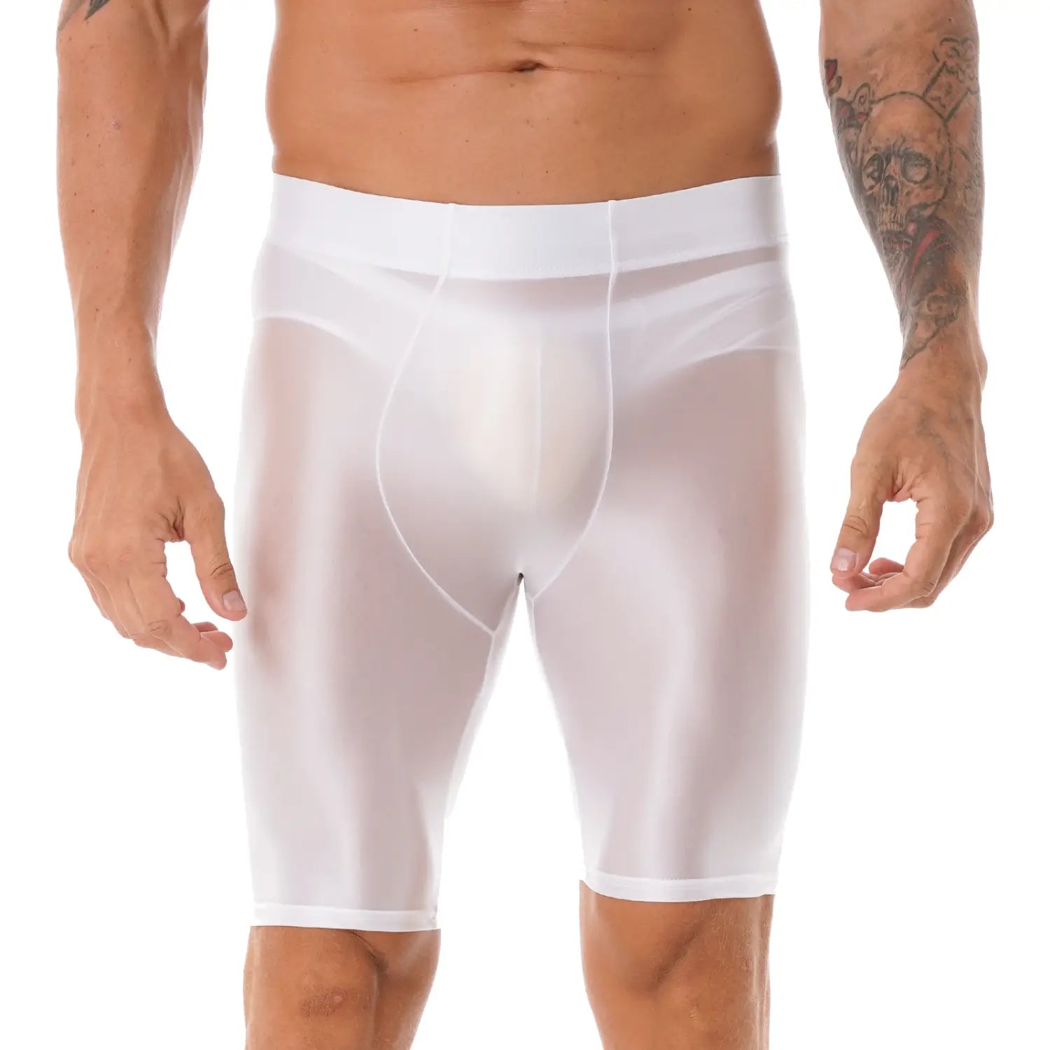 Boxers blancos semitransparentes, ajustados y para hombre, con acabado brillante liso y cinturilla reforzada, que complementan la camiseta de compresión para hombre de manga larga y acabado brillante, producto