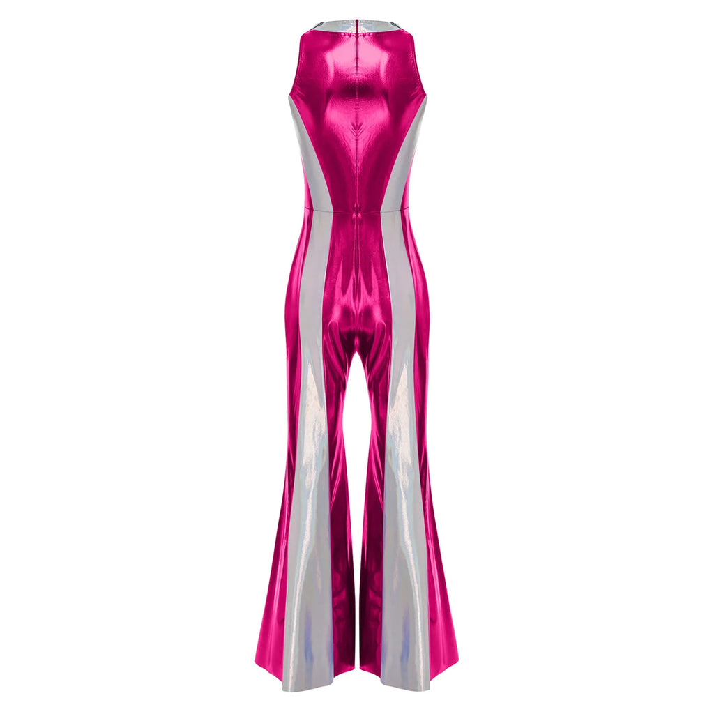 Womens Metallic Shiny 70s Disco Hippie Costume Clubwear Party Overalls Bell Bottom Jumpsuit V Neck Flared Long Pants Rompers