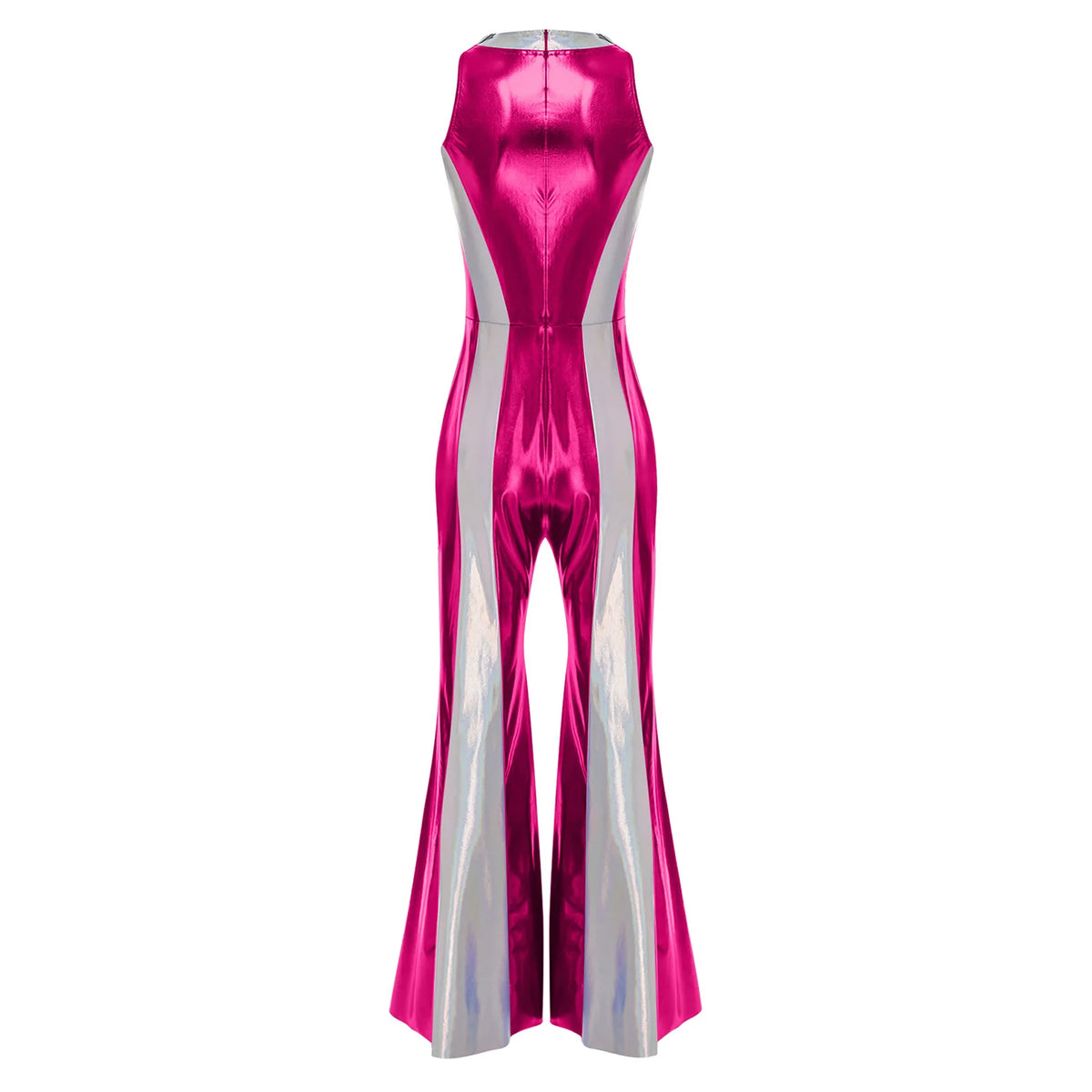 Womens Metallic Shiny 70s Disco Hippie Costume Clubwear Party Overalls Bell Bottom Jumpsuit V Neck Flared Long Pants Rompers