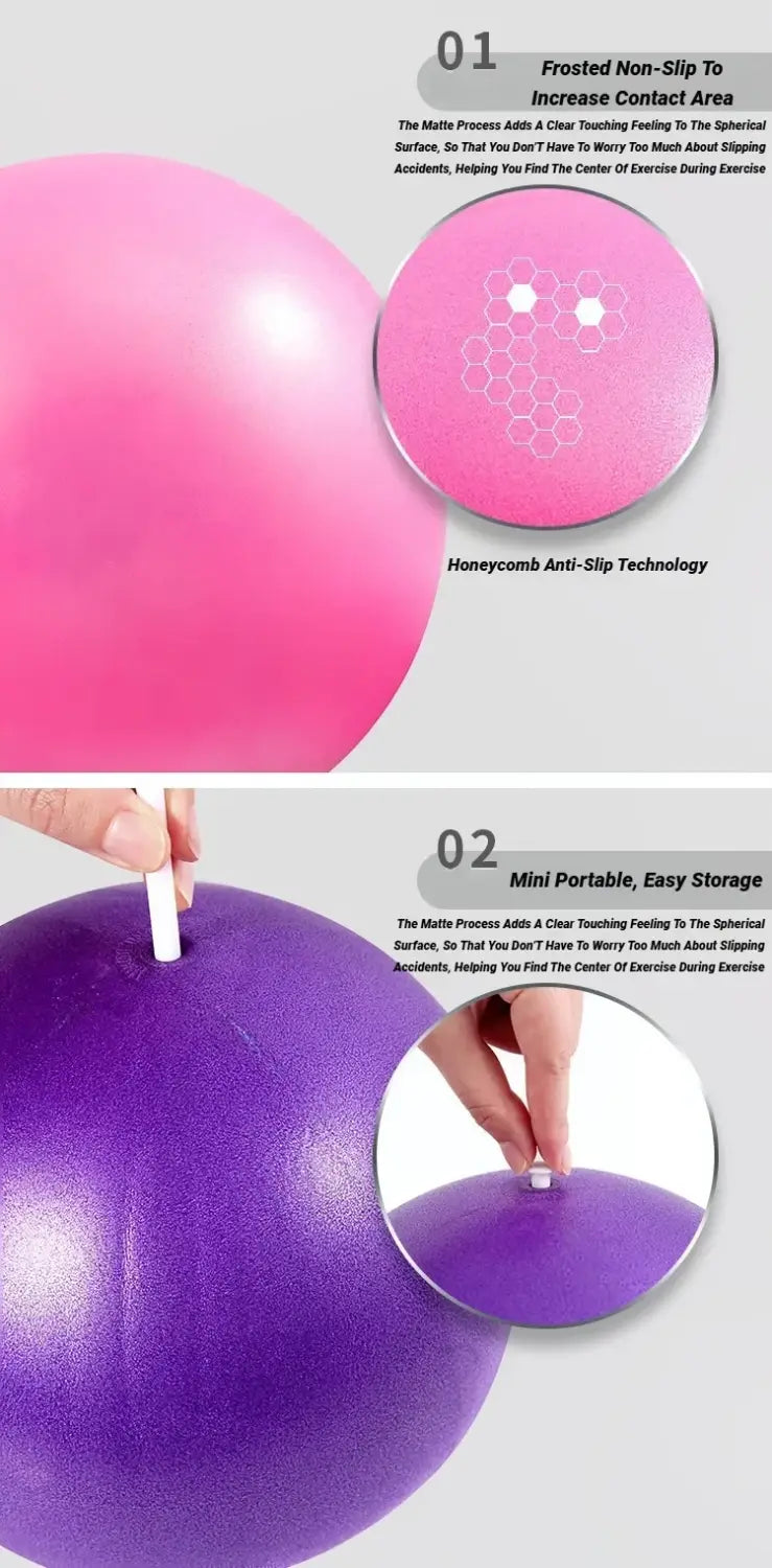 Balles de yoga de 25 cm rose et violette pour exercices de gymnastique, fitness et pilates, avec surface antidérapante en nid d’abeille givré, pour une meilleure adhérence, idéales pour l’entraînement en intérieur et les exercices de gainage
