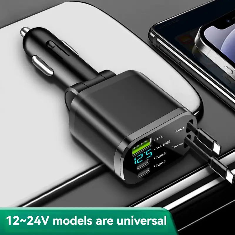Black 5-in-1 fast retractable car charger with digital display showing voltage and multiple type-c ports.